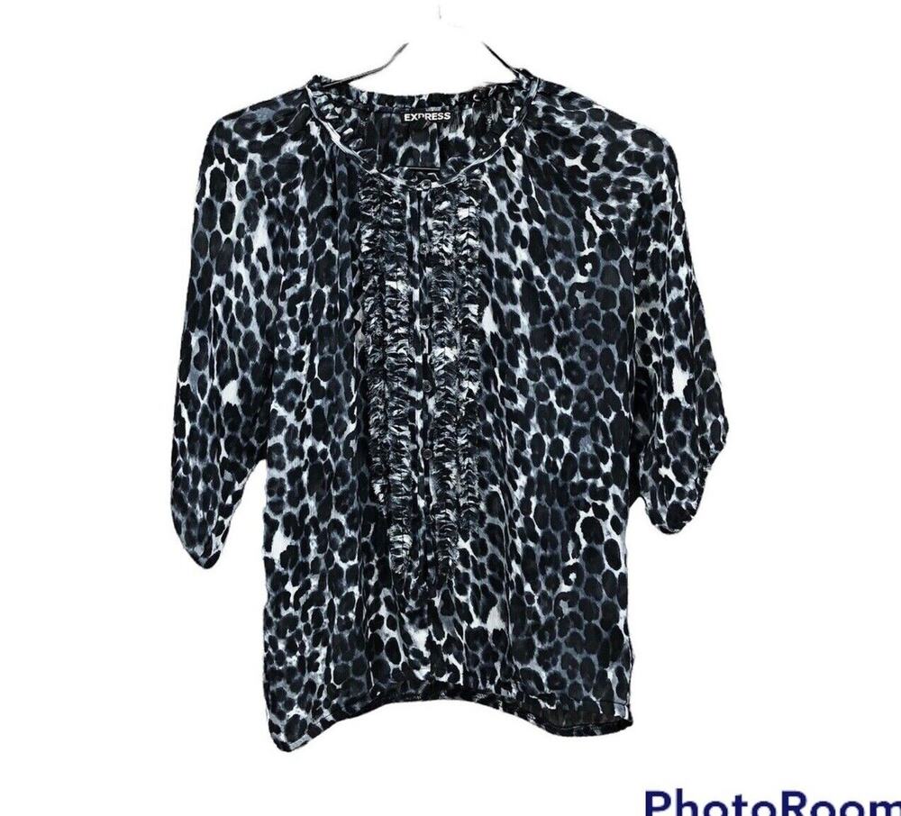 Express Women's Ruffle Front Leopard Blouse Top Sz XS Black White Defined Waist